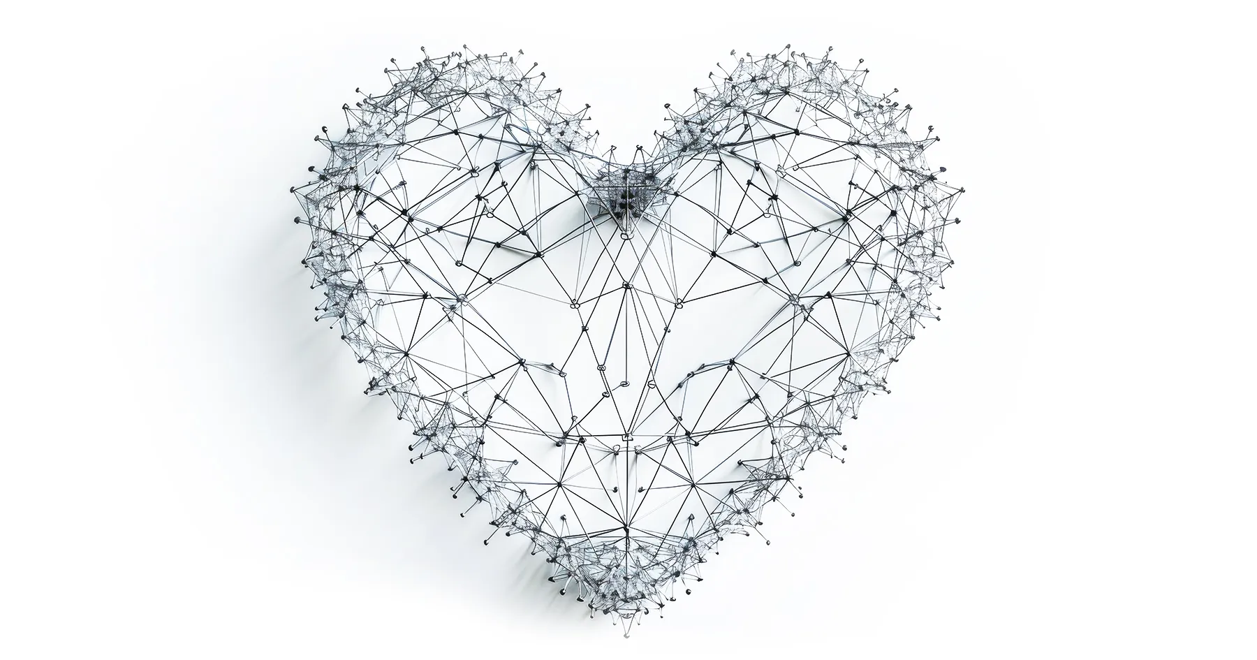 Heart-shaped network of interconnected nodes, symbolizing Prota Studios's heart-and-data approach to continuous validation for AI-era teams